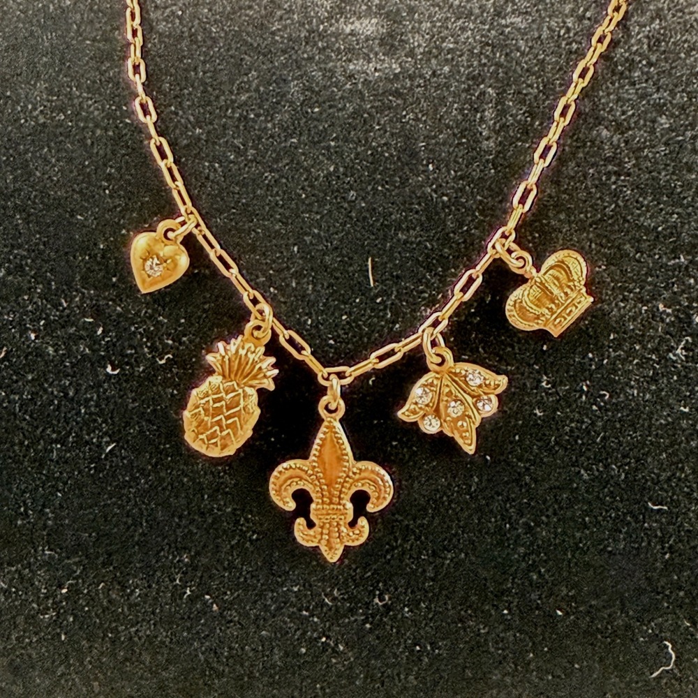 Catherine Popesco France Gold Tone Charm Necklace Fleur De Lis Pineapple